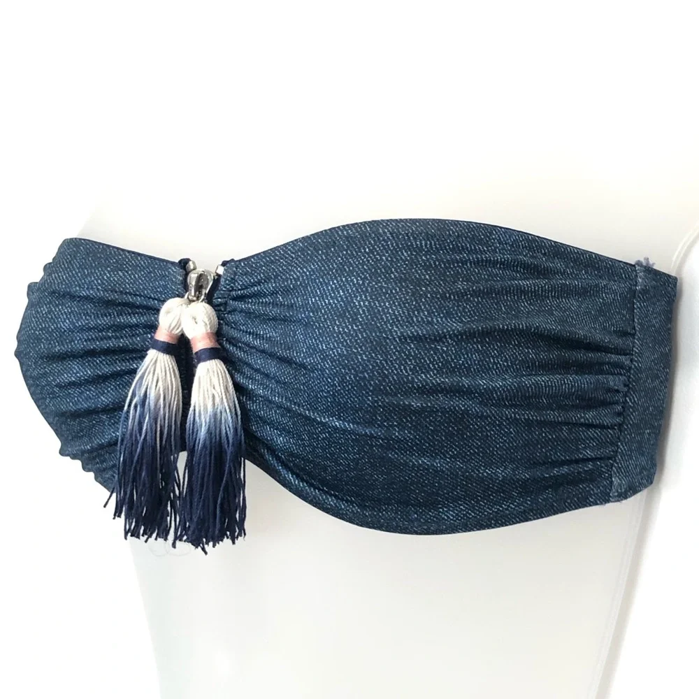 H&M Jean Print Bandeau Zip Bikini Top & Tassle Bikini Bottom - Picture 4 of 7
